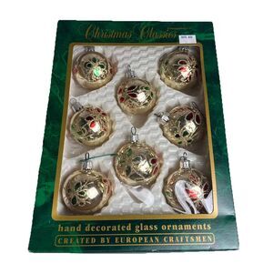 Vintage Glass Ornaments Christmas Classics 8 Tear Drop Bulbs Hand Decorated Xmas